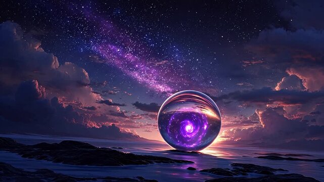 Surreal sphere reflecting starry sky