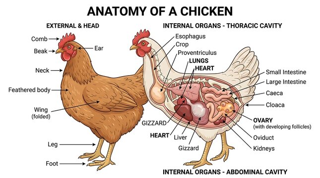 Educational anatomy chart of chicken external and internal organ systems
