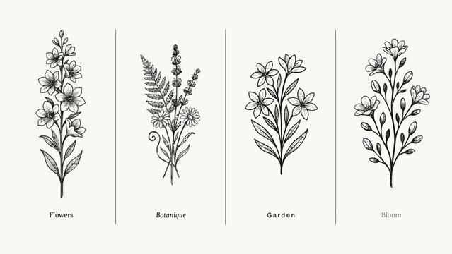 Elegant botanical illustration of flowers and plants in a vintage style . Vector. Illustration.