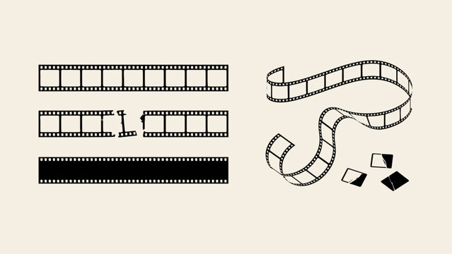 Vintage film strip and reels with film frames icons set . Vector. Illustration.