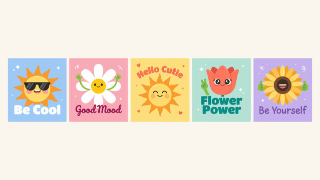 Colorful motivational pixel art sunflower and flower characters with positive messages . Vector. Illustration.