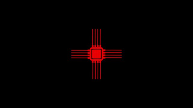 Microchip line icon, computer processor icon, simple logotype CPU icon animation.Microchip line animation. Electronic component animated icon. Moving signals, scaling circles. Processor chip