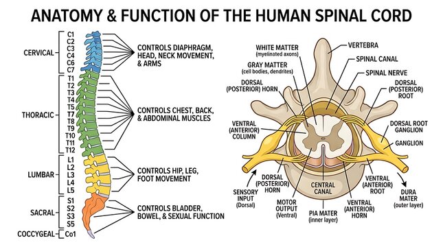 Anatomy and function diagram of the human spinal cord and vertebral structure
