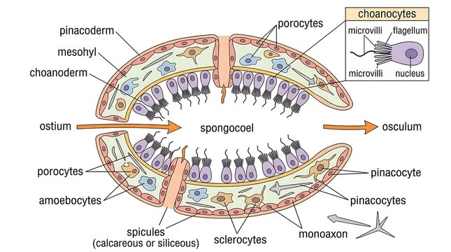 Scientific cross-section diagram of sponge morphology showing internal cells