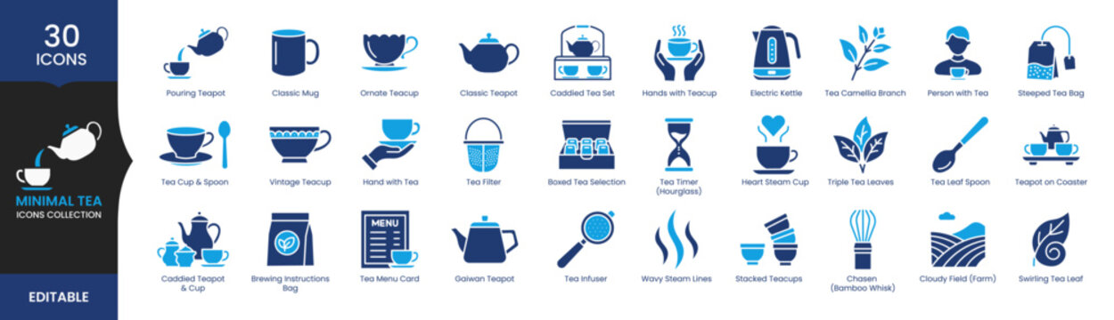 Tea Icons Collection Set, Tea Beverage Symbols, Teacup, Teapot, Herbal Tea, Cafe Menu, Brewing Tools Vector Icons