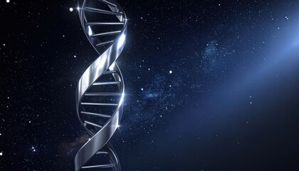 Obraz premium Detailed metallic silver DNA helix structure against a starry cosmos background