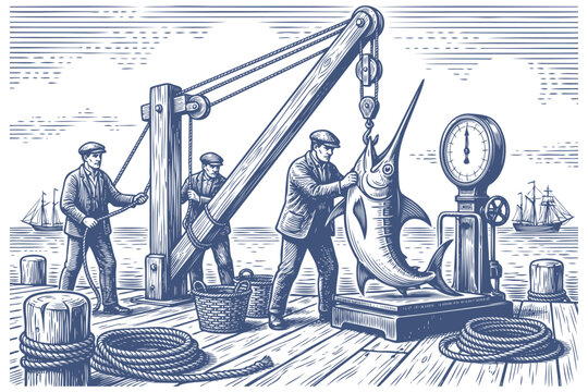 Vector engraving illustration of fishermen weighing a large swordfish on a wooden dock with a crane. Vintage maritime scene with sea and ship.