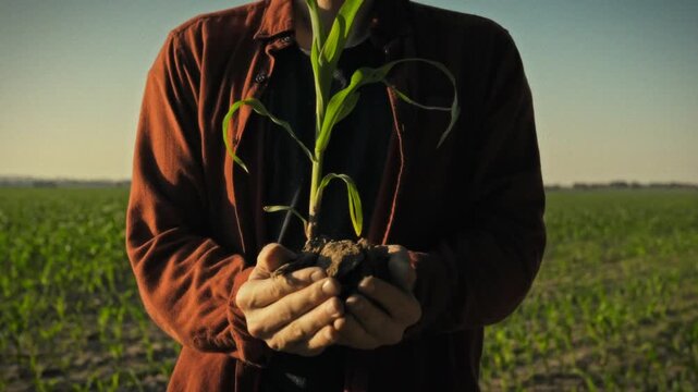 In an open industrial field in the evening, a young farmer holds a sprouted corn seedling. Concept of growing crops and a new generation in professional agriculture