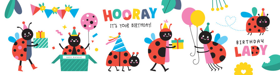 Set of isolated cute little ladybug in cartoon style. Birthday party vector illustration for greeting card, invitation, stickers, prints © BrixStudioIN