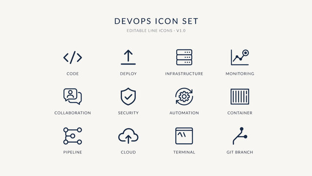 Minimalist devops icon set featuring twelve essential development operation symbols . Vector. Illustration.