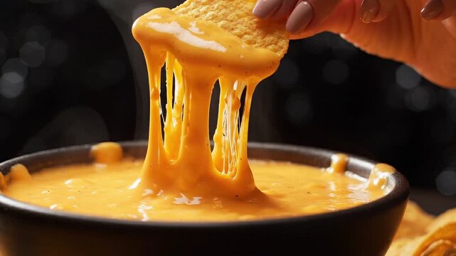 Melted Queso Cheese Pull with Tortilla Chip in Slow Motion