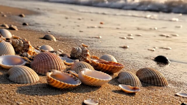 Seashells on the Shore: A collection of diverse seashells rests on a sandy beach, gently washed by the incoming tide under the soft glow of golden hour light.