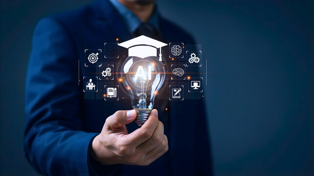 Businessman Holding Glowing Light Bulb with AI Text and Graduation Cap for Artificial Intelligence in Education Concept