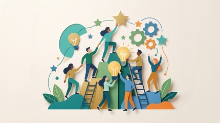 Fototapeta premium Business teamwork and collaboration concept illustration in paper cut style showing people working together for success, growth, and innovation.