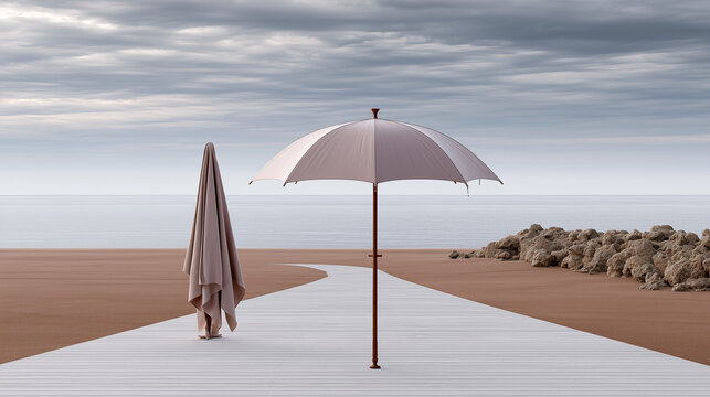 Lonely Umbrella Scene with Soft Curved Ground, Water Drops and Clean Vertical Composition