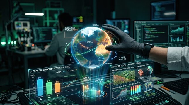 Environmental scientist&rsquo;s hand analyzing holographic climate change simulations, carbon emission charts and ecosystem data, cinematic green technology scene, Gen by AI