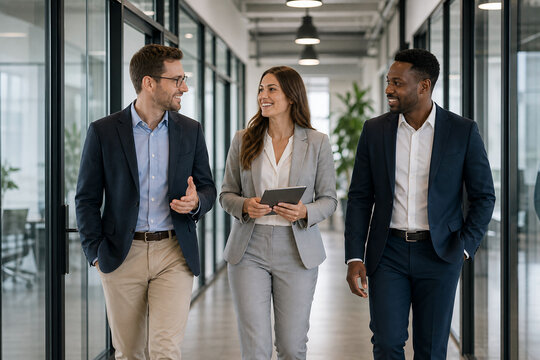 Business People Walking Together In Office Corridor