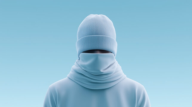Anonymous Person Wearing Pale Blue Winter Balaclava and Hood Against Minimal Sky Background