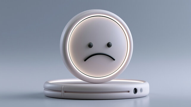 Minimal 3D Sad Face Icon on White Circular Display with Soft Gray Blue Background