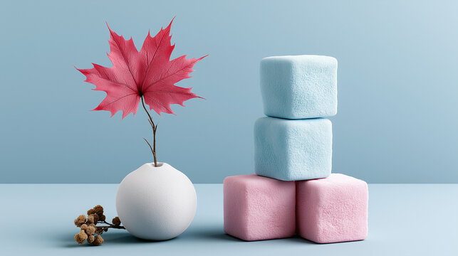 Minimal Autumn Still Life with Red Maple Leaf, White Vase and Pastel Geometric Blocks