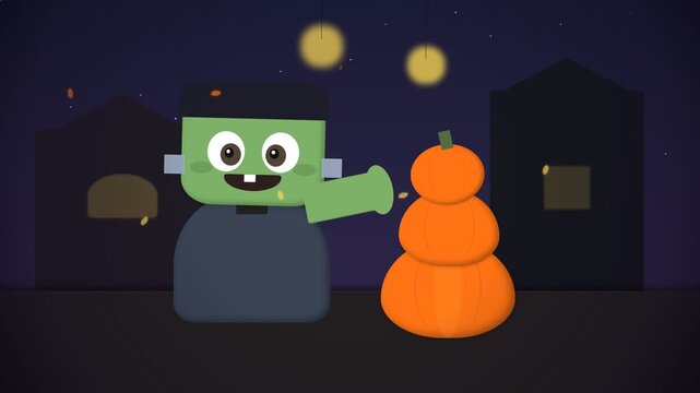 Cute Cartoon Frankenstein Monster Dancing with a Stacked Pumpkin Tower for Halloween.