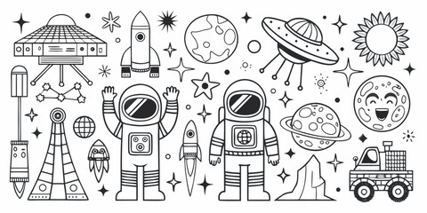 Space exploration line art illustration with planets rockets and astronauts © Prosanta