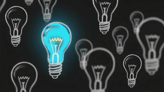 Glowing light bulb animation drawing on chalkboard background representing a bright creative idea emerging within this digital motion video clip