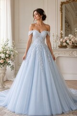 Fototapeta premium bride in pastel blue bridal gown with sweetheart neckline and off-the-shoulder sleeves