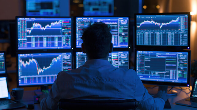 Back view of a person at a desk with multiple monitors showing data