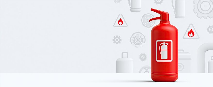 On a clean white surface, a vivid red fire extinguisher is displayed alongside emergency safety symbols and equipment.