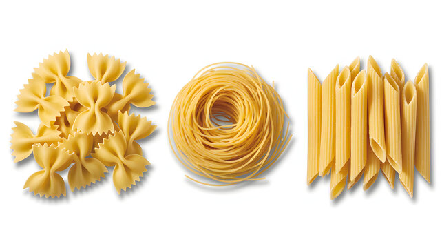Variety of raw pasta shapes on white background