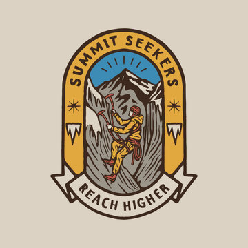 Retro climbing adventure badge with mountaineer scaling snowy peak illustration