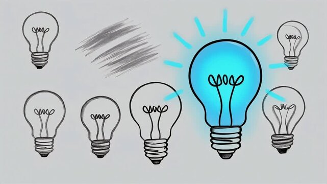 Glowing blue light bulb animation showing a bright idea emerging among many simple hand drawn pencil sketches in motion