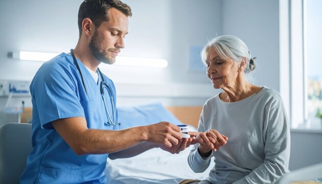 Doctor checking patient's vital signs with pulse oximeter in hospital room