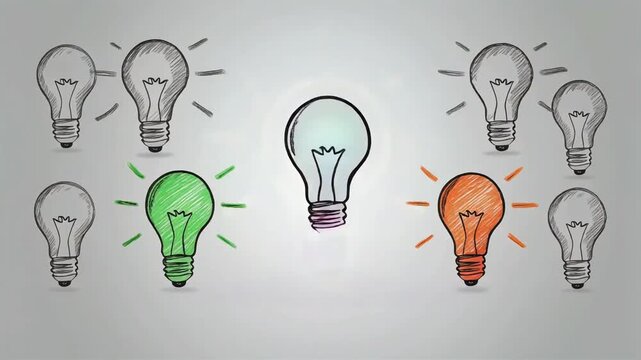 Glowing light bulb animation showing creative ideas emerging with bright colors and sketch style artistic motion in this digital footage