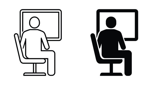 Person icon vector outline solid set, sitting computer monitor