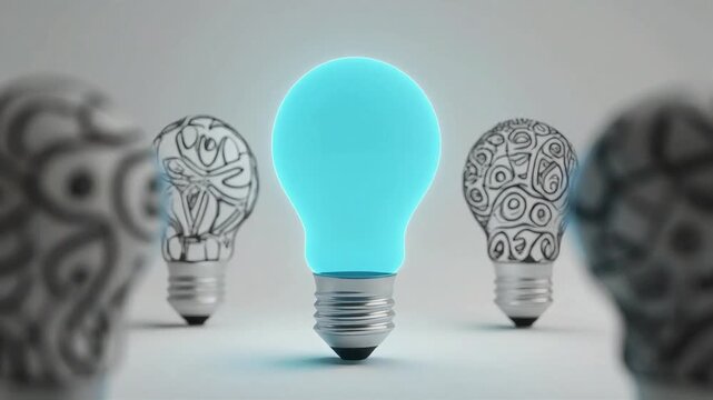Glowing blue lightbulb representing a unique creative idea standing out among several sketched bulbs in this digital animation video footage