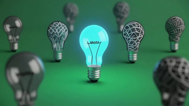 Glowing blue light bulb standing out among tangled dark wire bulbs in this creative 3d animation video motion sequence