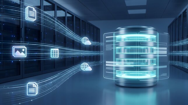 Cloud database server storage networking. Fiber optic data streams synchronizing enterprise digital files and web information into central infrastructure.