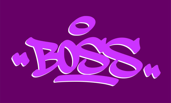 Boss word hand drawn in vibrant purple marker graffiti tag style on a dark purple background. Powerful esports gaming lettering element for creative streetwear apparel and streaming channel graphics.