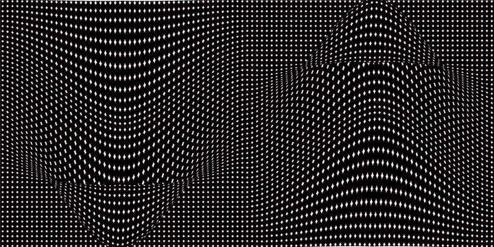 Dome-shaped protrusion part seine by stretching mesh for the illusion three-dimensional deformation of the surface. Screen media video trippy. Mesh LCD display. Scale size different hole space