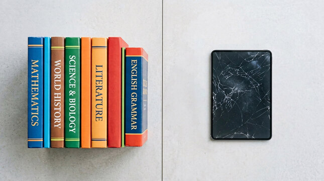 Top view of colorful school textbooks next to a shattered digital tablet on a split background, visualizing the digital divide and educational inequality