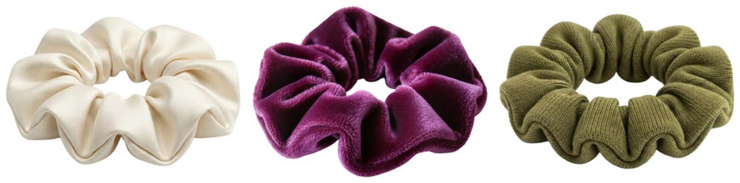 Three scrunchies: cream satin, purple velvet, and olive green knit, isolated on white background