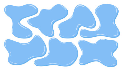 Fototapeta premium Water drop and spill puddle vector icon set. Blue liquid splashes. Clean rain droplet collection. Pure and clear aqua blobs, bubbles of different shapes. Wet fluid in flat style. Vector