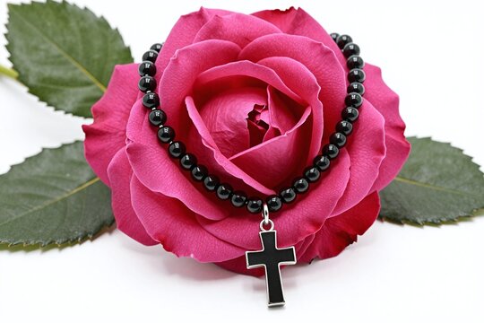 A red rose with a black cross on a chain