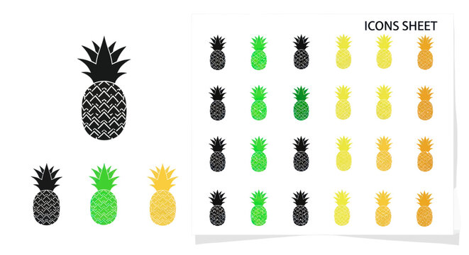 Minimalist pineapple icon sheet in multiple colors and patterns