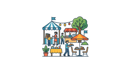 Naklejka premium Outdoor food market scene with stalls, people, and dining area, flat design illustration.