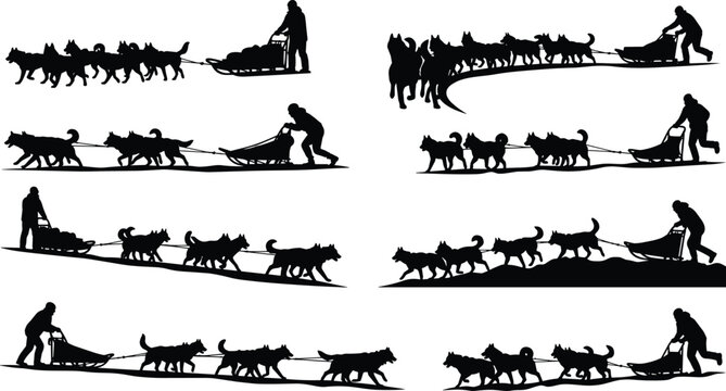 Dog Sled Team Silhouette Collection with Musher in Winter Adventure Poses Isolated on White