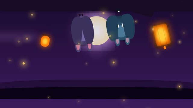 Animated Night Sky Scene Featuring Floating Lanterns and Glowing Fireflies.