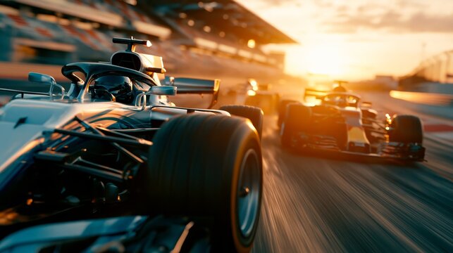 High speed formula one racing cars on track at sunset with dramatic motion blur and golden lighting.